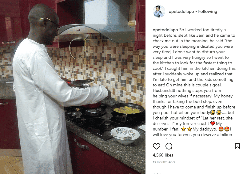Dolapo Badmus shares picture of her husband cooking in the kitchen