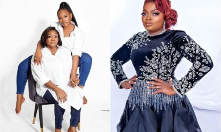 Funke Akindele reacts as Yemi Alade celebrates her mother