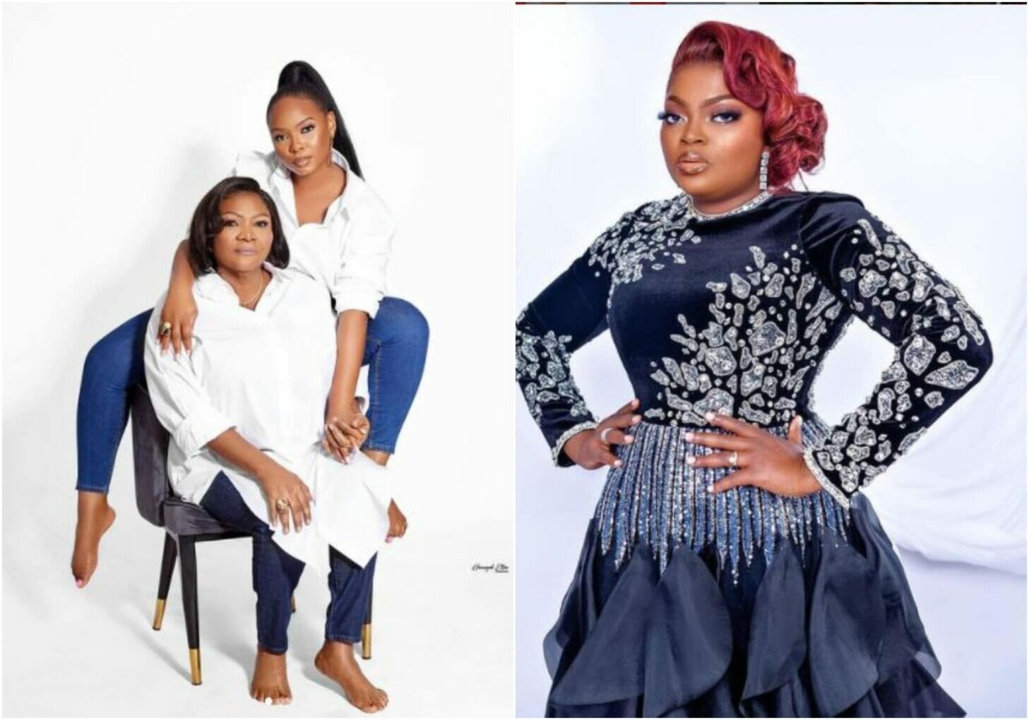 Funke Akindele reacts as Yemi Alade celebrates her mother