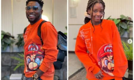 Fans react after Timi Dakolo shares adorable picture of his daughter rocking his cloth