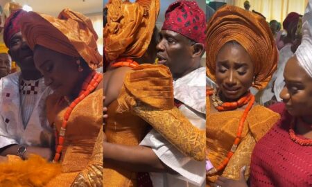 Kunle Remi's wife weeps at wedding