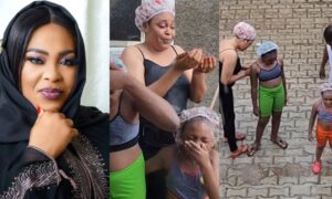 Shola Kosoko plays in the rain with her children