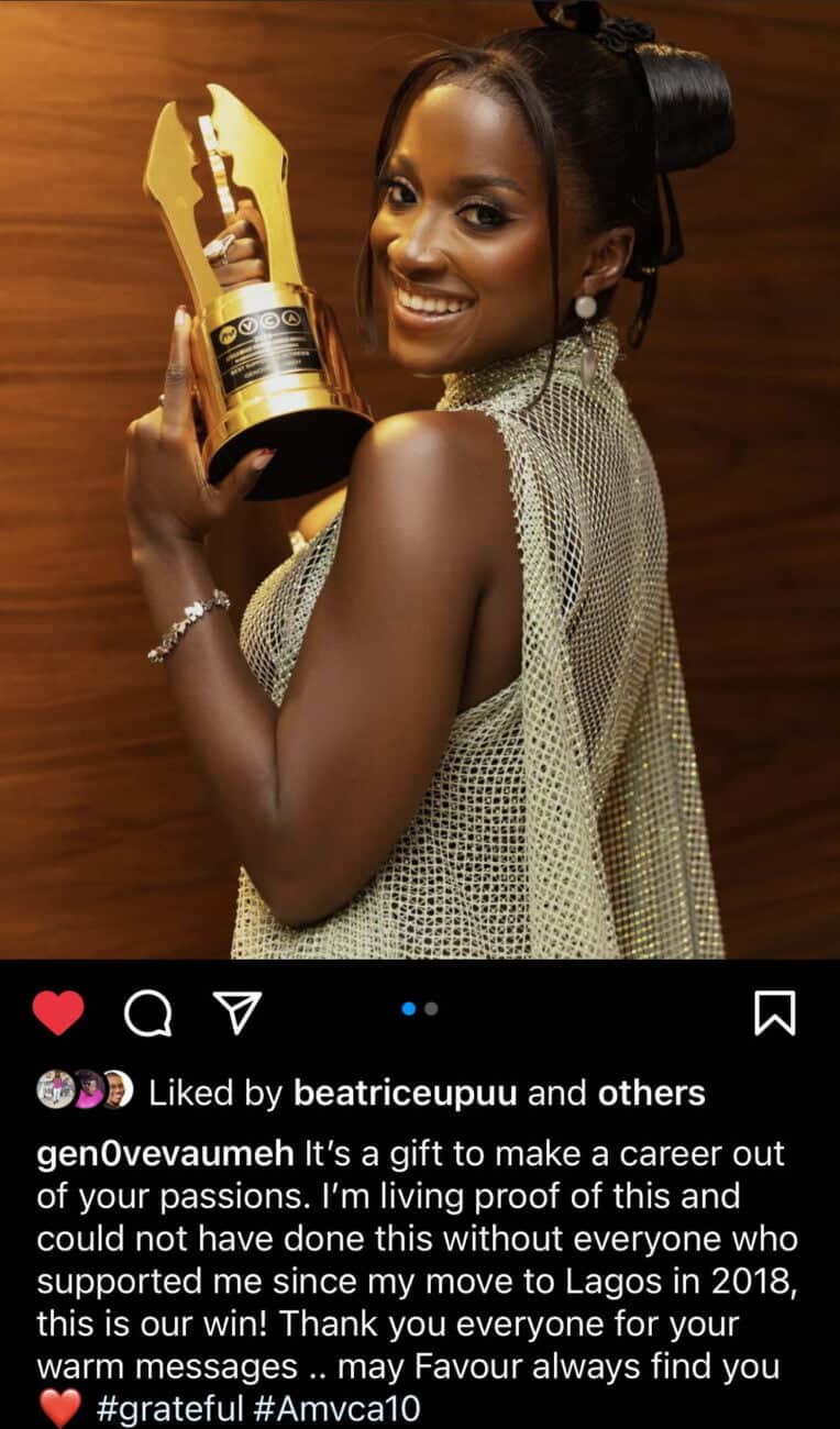 Genoveva Umeh celebrates AMVCA win.