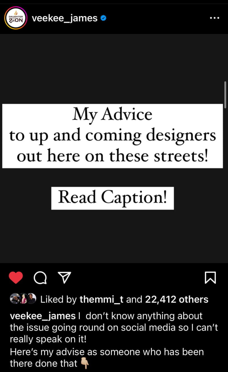 Veekee James tenders advice to fashion designers.