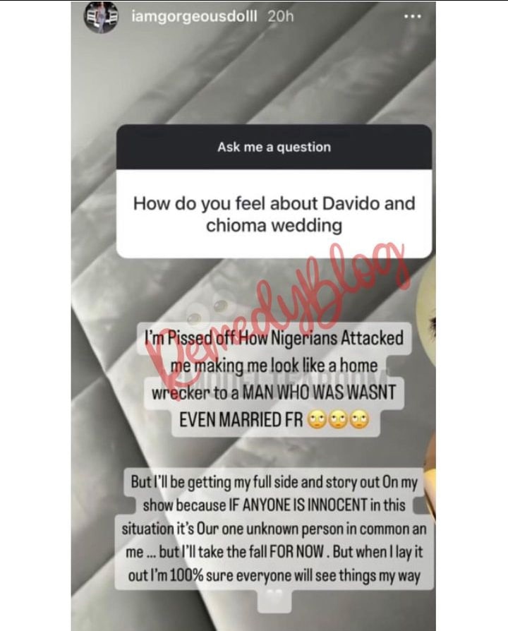 Gorgeous Doll slams Nigerians following Davido's wedding