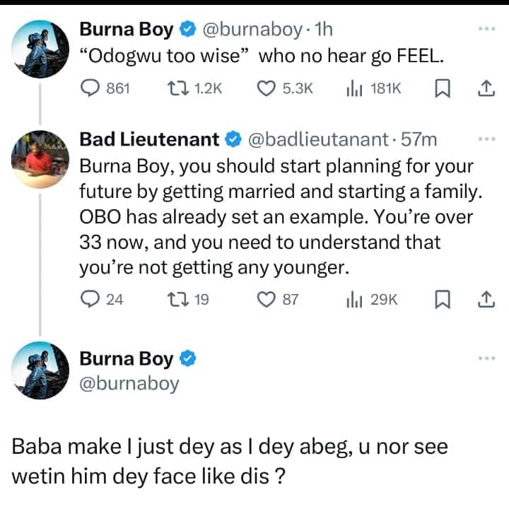 Burna Boy replied fan who told him to go and marry