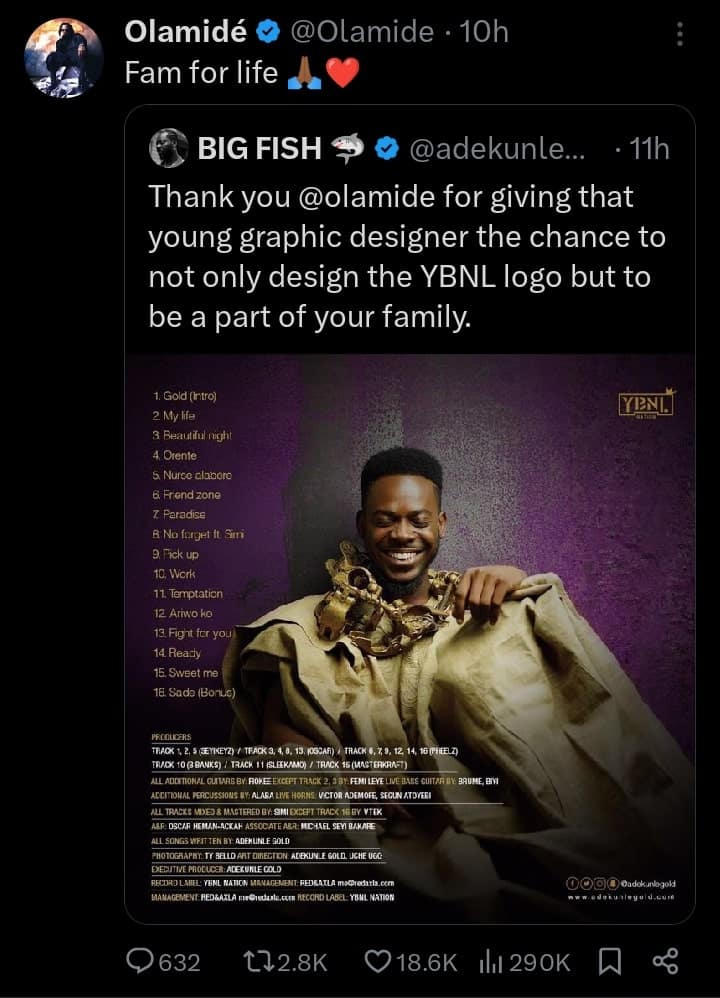 Olamide reacts as Adekunle Gold appreciates him