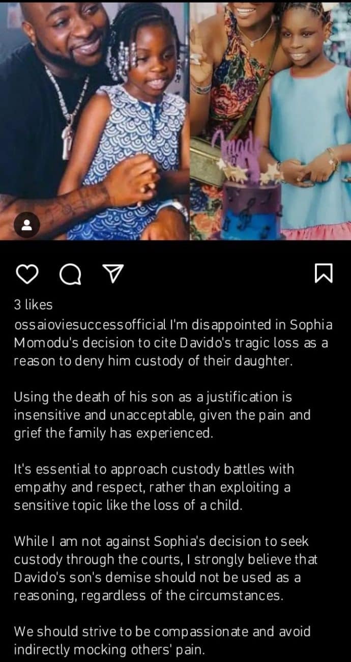 Ossai Success slams Davido over custody battle with Sophia Momodu