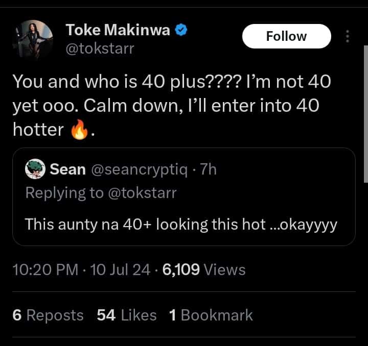 Toke Makinwa says she isn't 40 yet