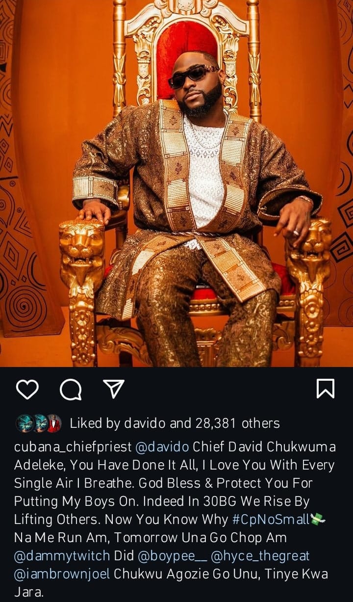 Cubana Chief Priest tells Davido he loves him