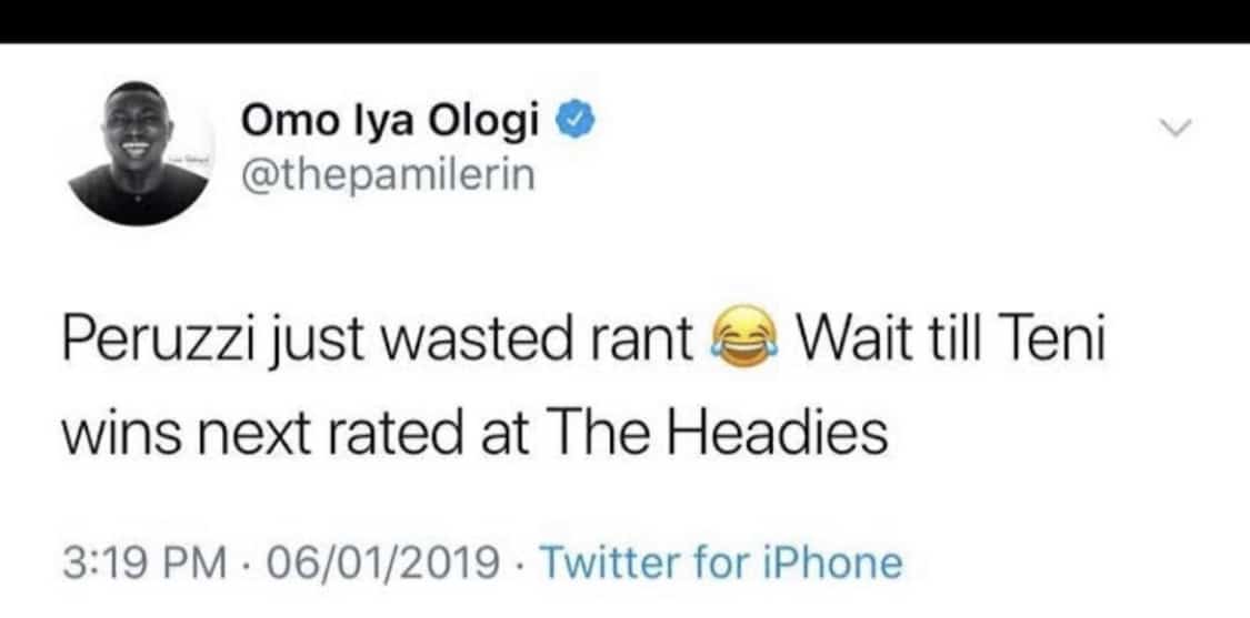 Pamilerin mocks Peruzzi for losing at the Headies in 2019