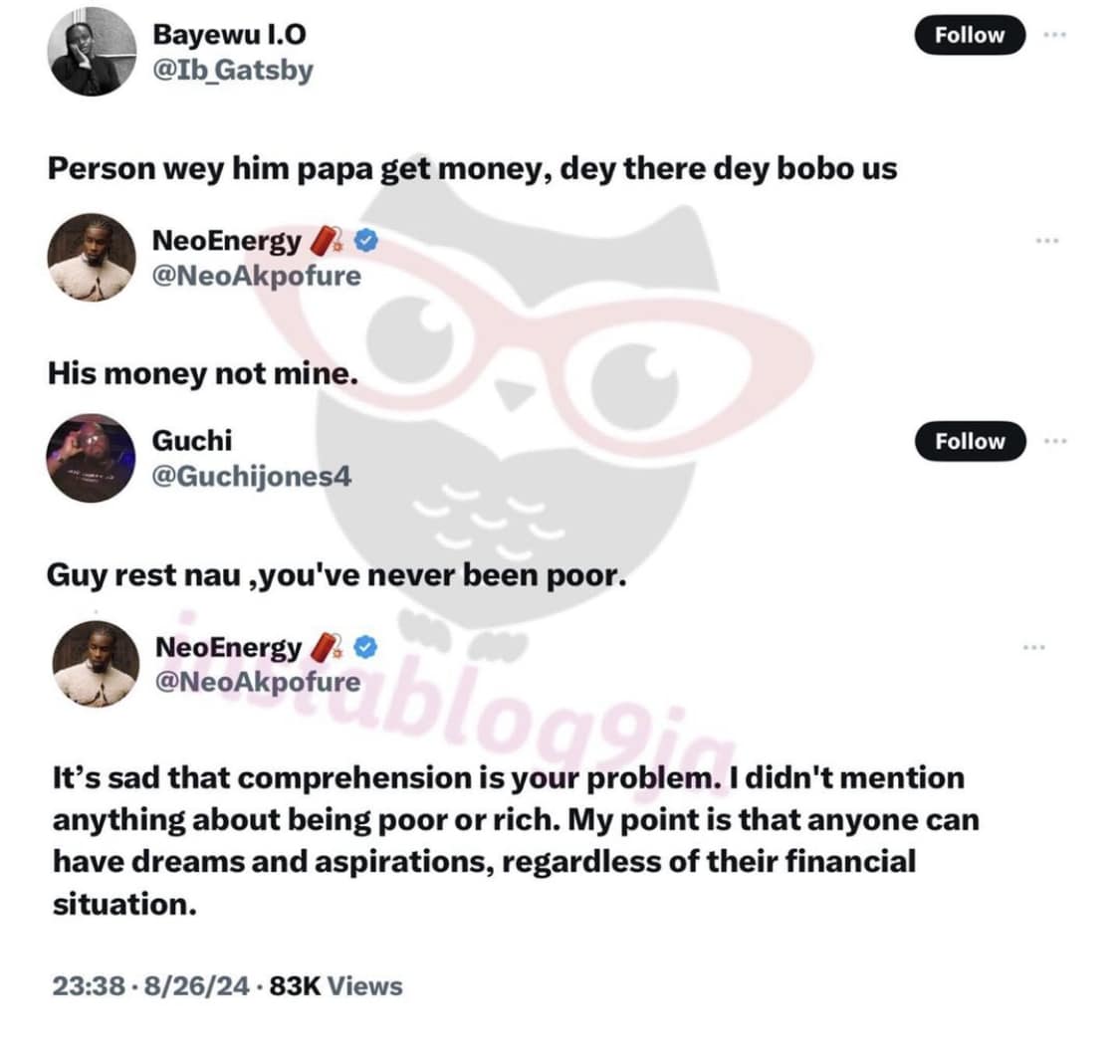 Neo Akpofure claps back at a troll.