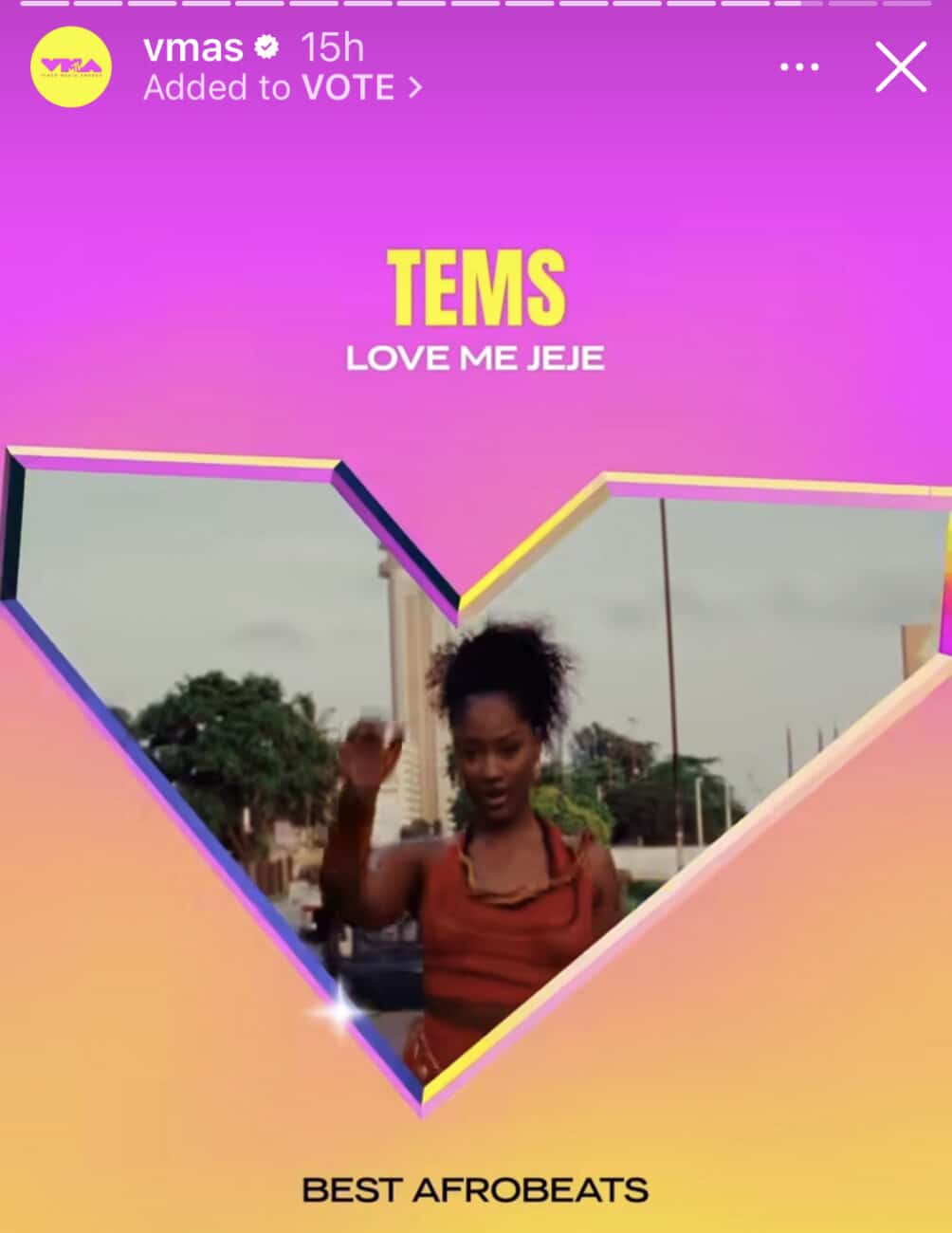 Tems indicado na categoria Melhor Afrobeats no VMA Awards.