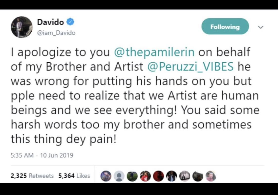 Davido and Pamilerin on Peruzzi’s behalf.