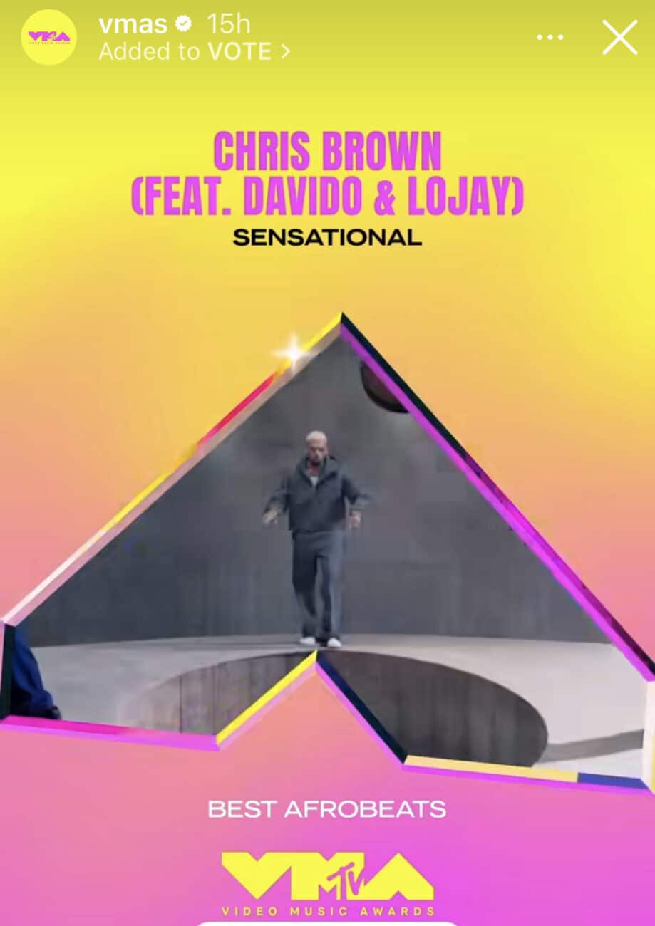 Chris Brown com Davido e Lojay, indicado à categoria Melhor Afrobeats na premiação VMA.