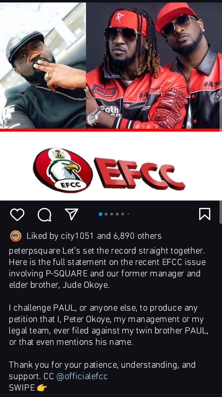 Peter Okoye denies claims of arresting Paul Okoye with EFCC