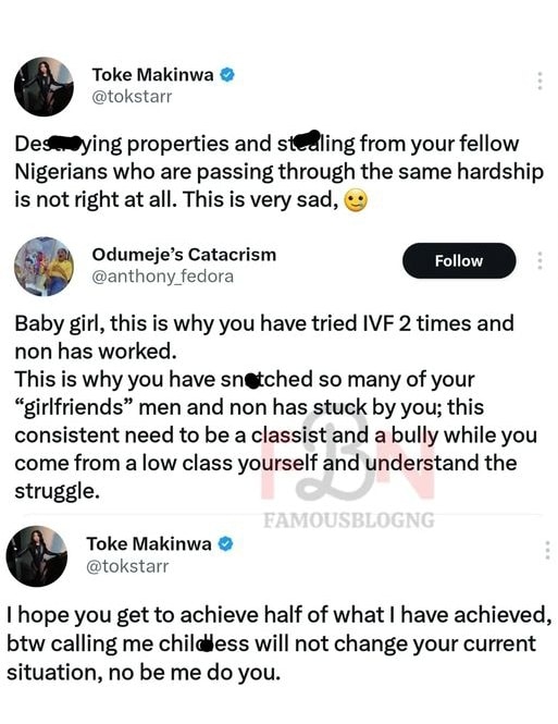 Toke Makinwa replies troll who called her childless 