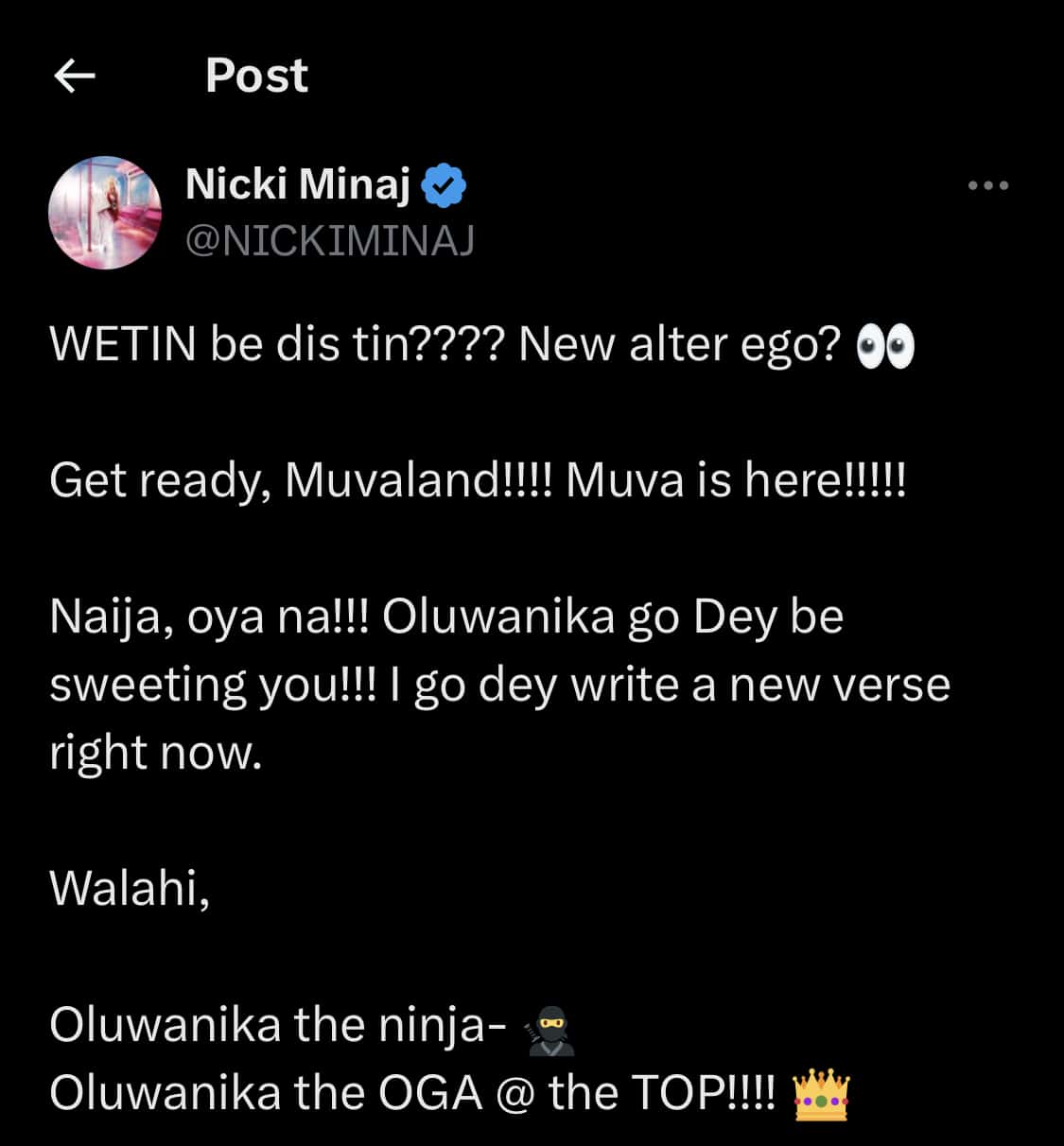 Nicki Minaj tweets in pidgin.