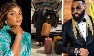 Bimbo Ademoye reacts as VJ Adams shows off his gallons of fuel